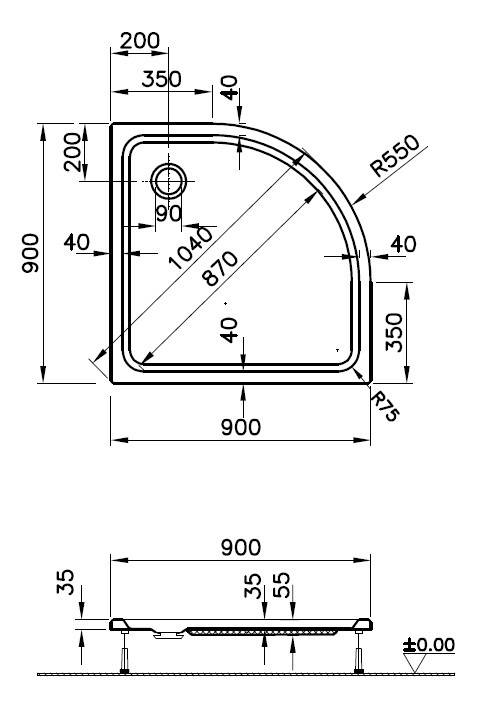 Eine Skizze eines Duschwannenbodens mit rechtem Winkel und Abmessungen: 900x900mm. Innere Linien zeigen 870mm, Radius 550mm und andere Maßangaben.