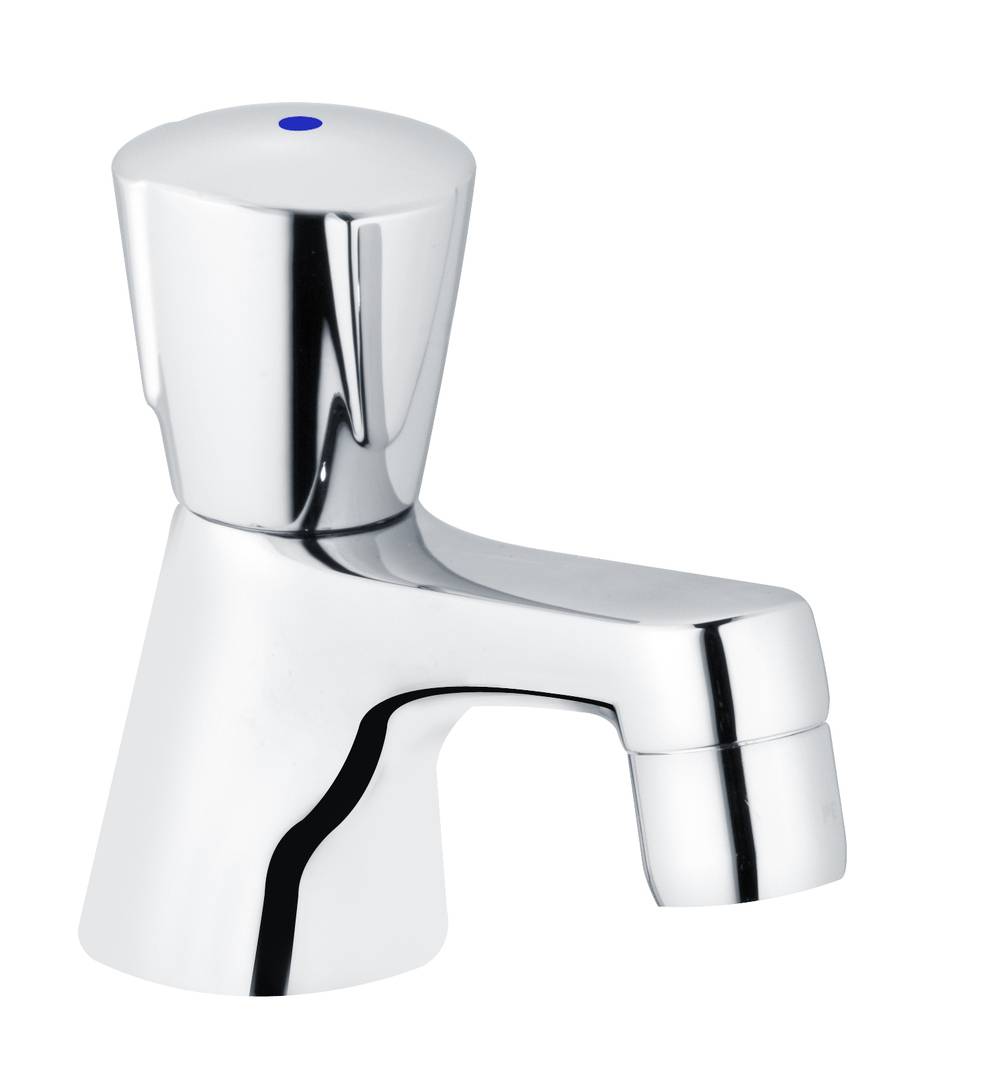 Eine glänzende Chrom-Badezimmerarmatur mit einem schlichten, modernen Design und einem blauen Indikatorpunkt auf der Oberseite.