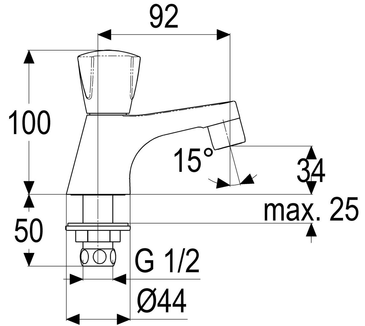 Technische Zeichnung eines Wasserhahns mit Maßen: Höhe 92 mm, Auslaufwinkel 15°, maximaler Durchfluss 34 mm, Basisdurchmesser 44 mm, Einlassgröße G 1/2.