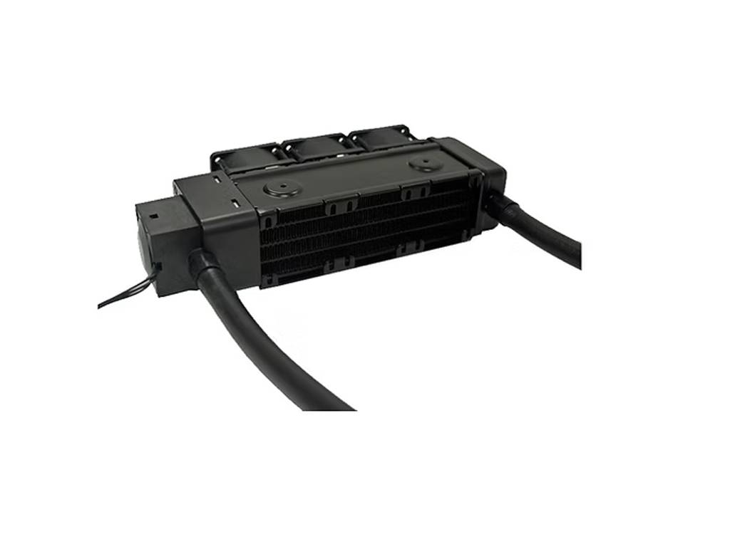 Ein Bild eines schwarzen Computer-Kühlkörpers mit angeschlossenen Lüftern und Schläuchen, der für die Wärmeableitung in Computersystemen entwickelt wurde.