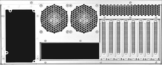 Das Bild zeigt die Rückseite eines Computerservers mit zwei großen Kühlventilatoren und mehreren Belüftungslöchern für den Luftstrom.