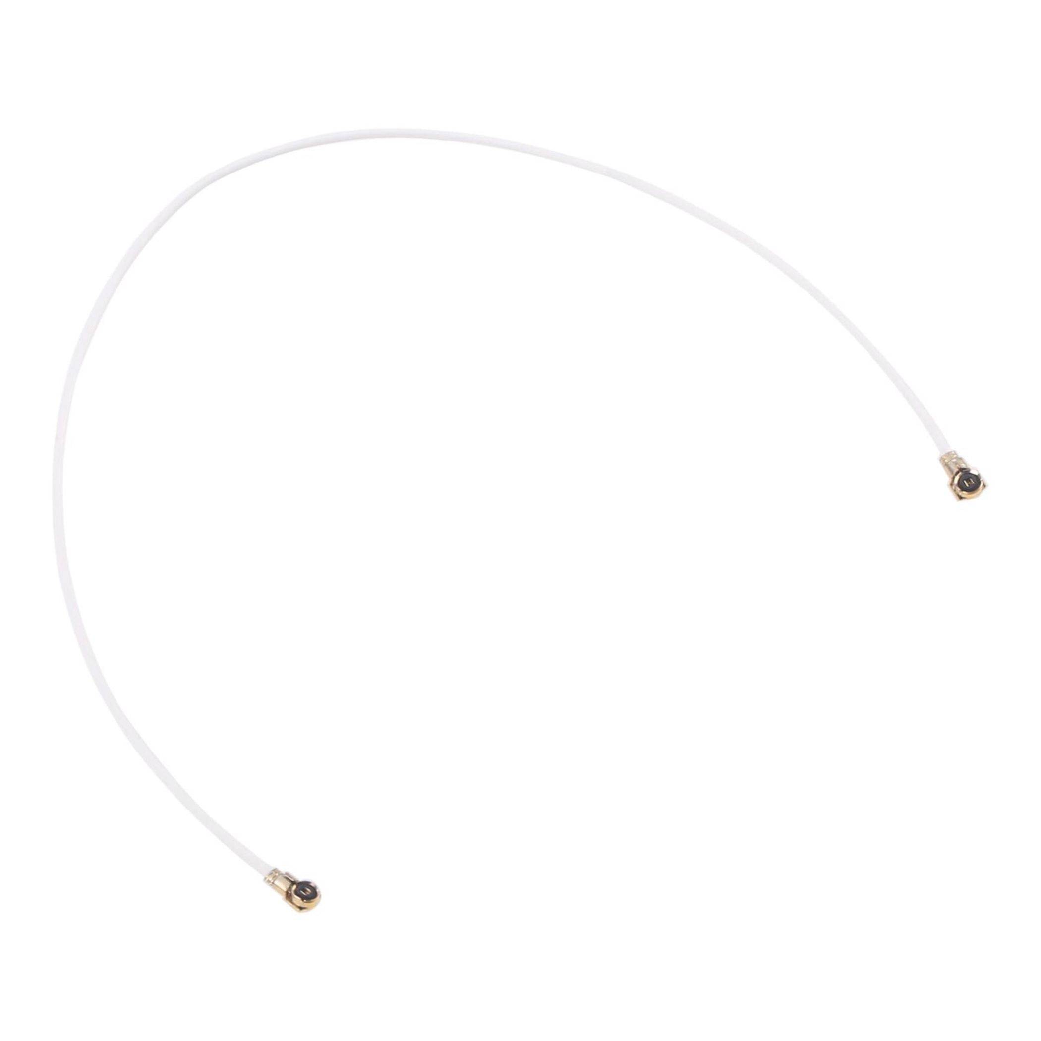 Ein weißes Koaxialkabel mit Steckern an beiden Enden, das zur Übertragung von RF-Signalen verwendet wird.