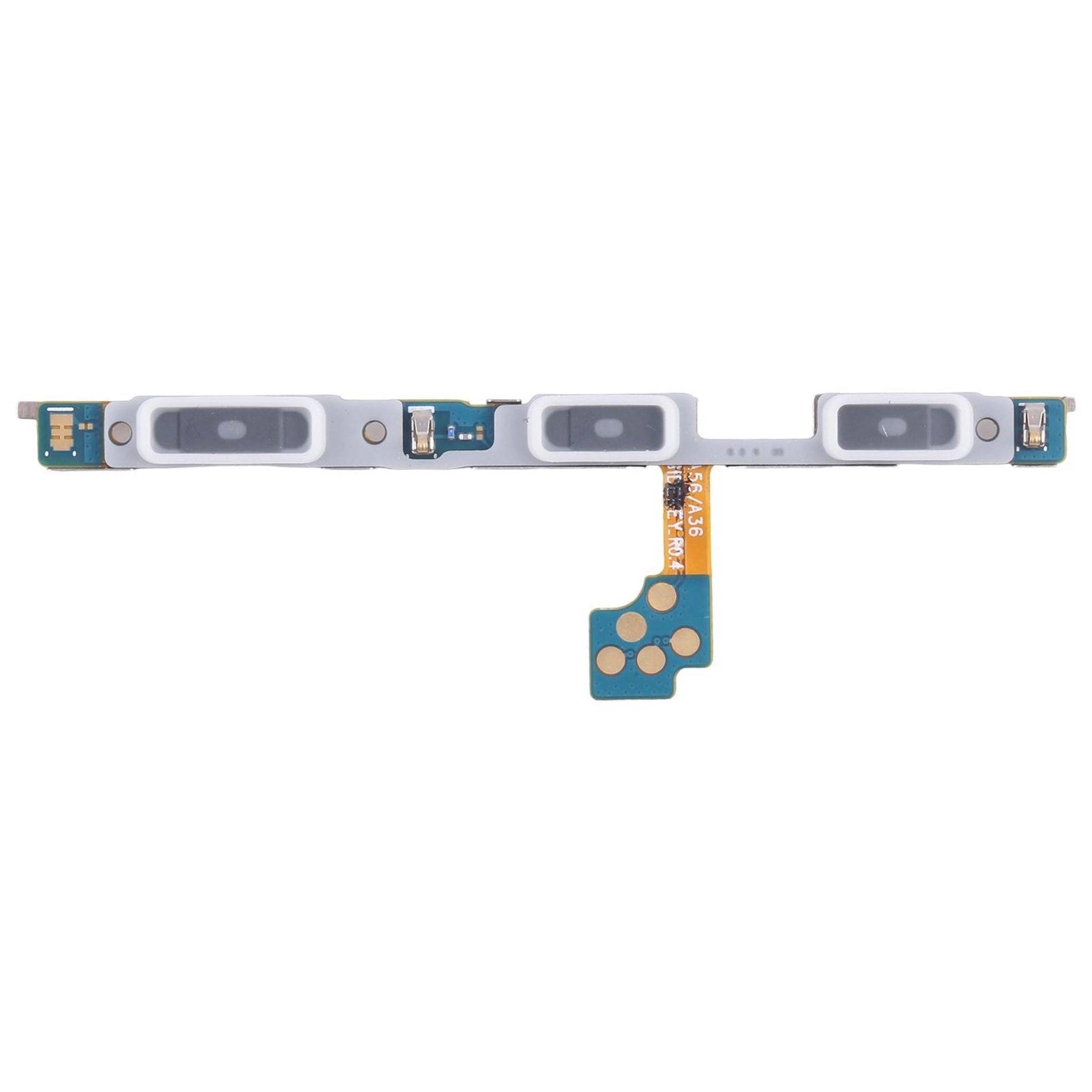 Ein Smartphone-Netzteil- und Lautstärketasten-Flexkabel, das eine flache, gedruckte Schaltung mit horizontal ausgerichteten Tasten zeigt.
