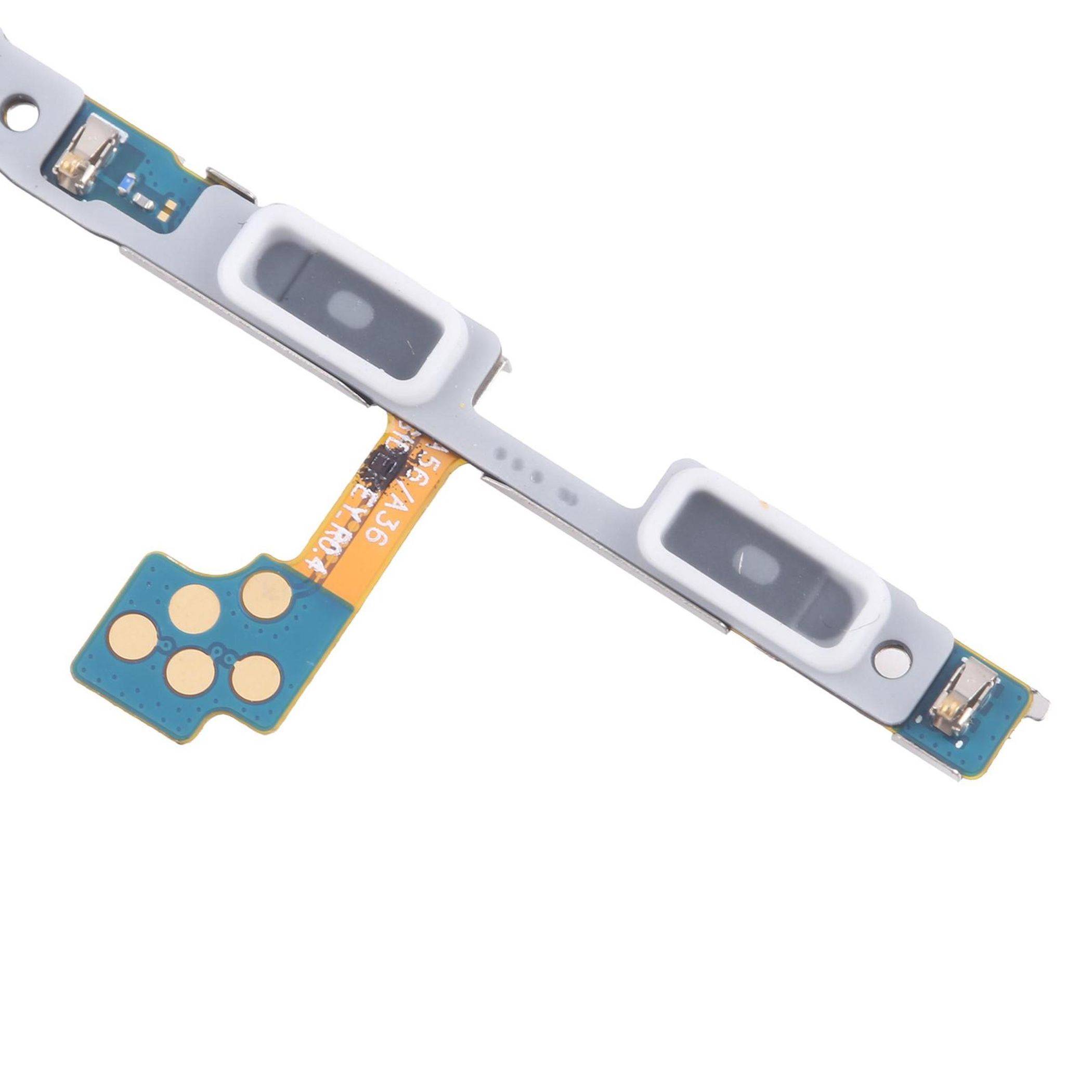 Eine kleine elektronische Leiterplatte mit Metallkonnektoren, die mehrere Kontaktpunkte und eine flexible Flachbandkabelerweiterung an einer Seite aufweist.