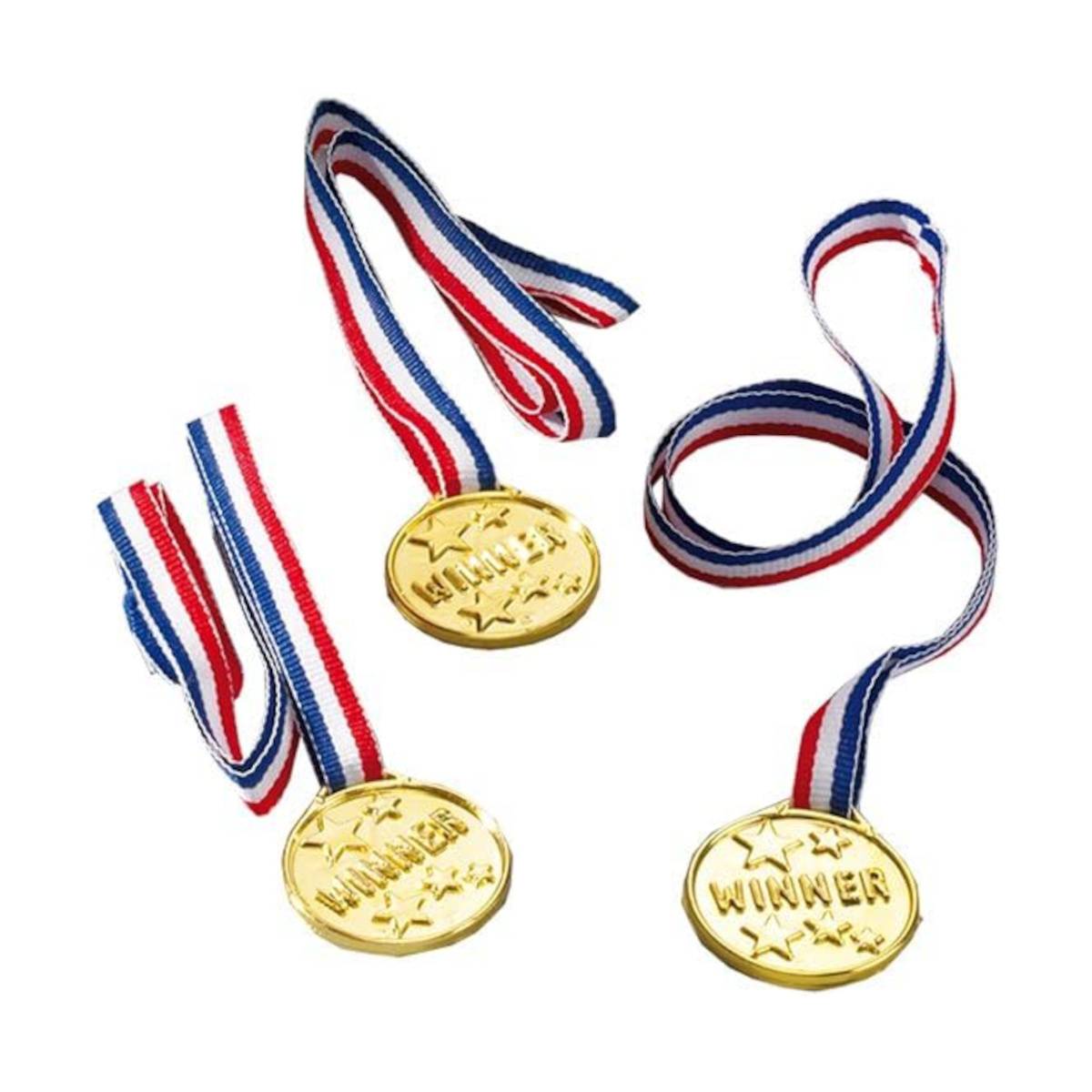 Drei Goldmedaillen mit der Aufschrift 'SIEGER', ausgestattet mit rot-weiß-blauen gestreiften Bändern, die Erfolg und Sieg symbolisieren.