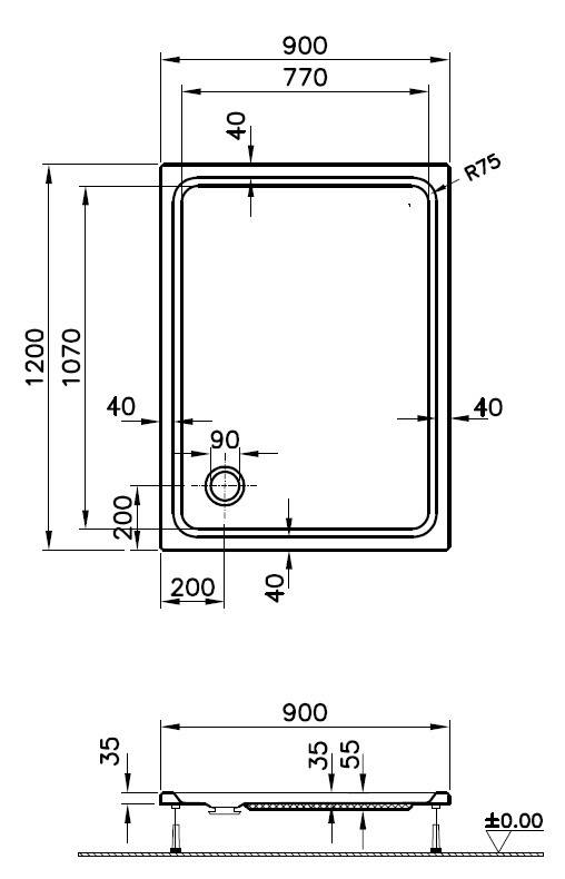 Rechteckige Duschablage-Diagramm mit Außenmaßen: 1200x900 mm. Ablaufbohrung befindet sich 200 mm von zwei Kanten entfernt. Abgerundete Ecken mit R75.