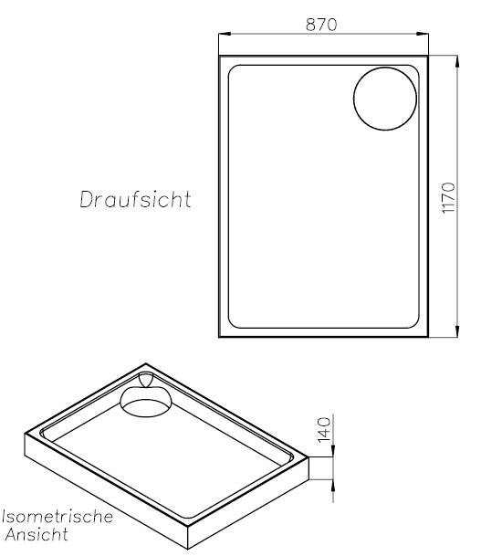 Technische Zeichnung eines rechteckigen Objekts mit den Abmessungen 1170 bei 140. Draufsicht und isometrische Ansicht sind dargestellt, mit kreisförmiger Aussparung.