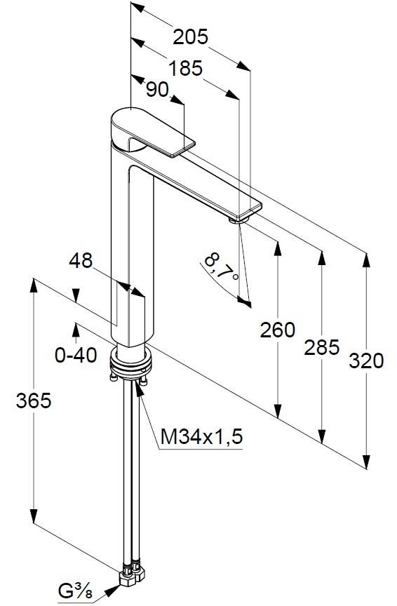 Diagramm eines Wasserhahns mit Abmessungen: Höhe 365 mm, Auslaufprojektionslänge 260 mm, Winkel 8,7°, verstellbarer Höhenbereich 0-40 mm, Gewindegröße M34x1,5.