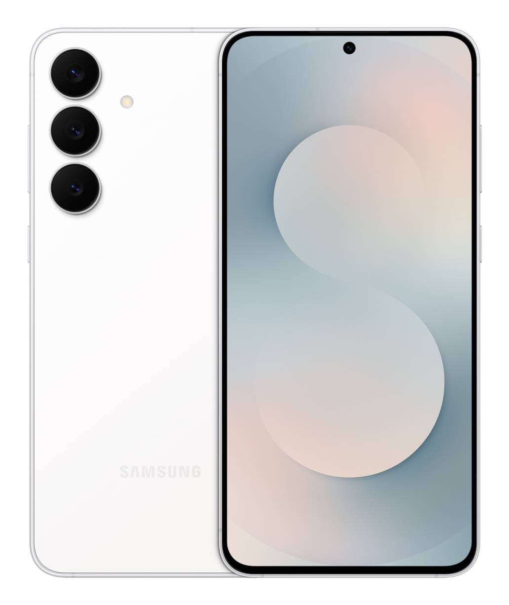 Weißes Samsung-Smartphone von vorne und hinten gezeigt, mit dreifacher Rückfahrtkamera und zentriertem Punch-Hole-Display.