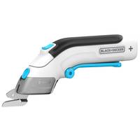 Elektrische Handkettensäge mit einem weiß-schwarzen Gehäuse, blauen Akzenten und einer sichtbaren Klinge. Die Markenbezeichnung 'BLACK+DECKER' ist seitlich angebracht.