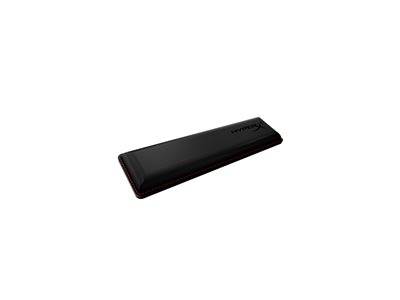 Eine elegante, schwarze Handgelenkstütze für eine Tastatur, mit einem subtilen Logo auf der Seite, die Komfort bei längeren Schreibsitzungen gewährleistet.
