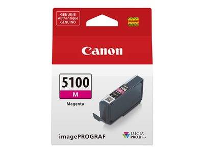 Canon 5100 M Magenta-Druckerpatronen-Verpackung für imagePROGRAF-Drucker, mit Angaben zu Marke, Farbe und Modelldetails.