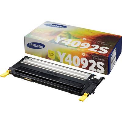 Gelbe Samsung Y4092S Druckerpatrone, zusammen mit ihrer Verpackung gezeigt.