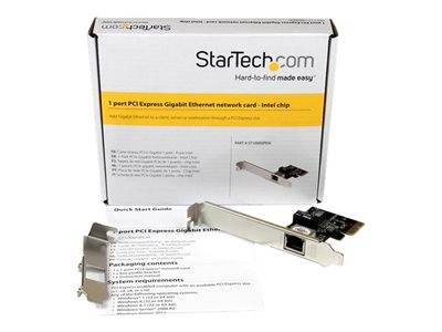 Eine Schachtel von StarTech.com PCI Express Gigabit Ethernet Netzwerkkarte mit der Karte und Halterungen, die davor ausgestellt sind.