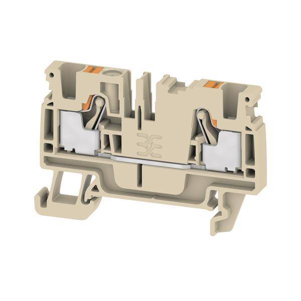 Ein beigefarbener Plastik-Terminalblock mit einem Metallleiter in der Mitte, konzipiert für elektrische Verbindungen und ausgestattet mit orangefarbenen Einführpunkten.