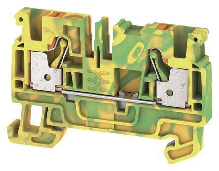 Ein farbenfroher Reihenklemmenverbinder mit grünen, gelben und orangefarbenen Mustern, ausgestattet mit metallischen Klemmen zum Sichern elektrischer Leitungen.