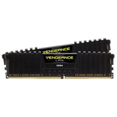 Zwei schwarze Vengeance LPX DDR4 RAM-Riegel mit goldenen Kontaktpunkten, schräg angewinkelt, um die Markenbezeichnung zu zeigen.
