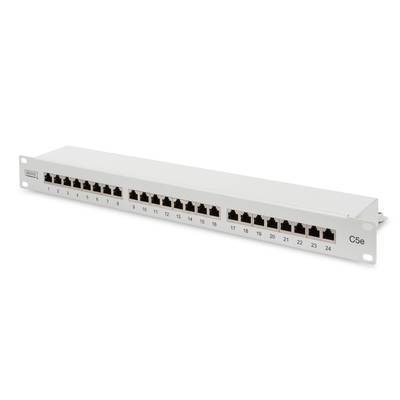 Ein 24-Port Cat 5e Patchpanel mit nummerierten RJ45-Ports, verwendet zur Organisation von Ethernet-Netzwerkverbindungen in einem Datengestell-Setup.