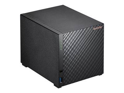Ein schwarzes Asustor Network Attached Storage (NAS)-Gerät mit diagonalem Streifenmuster auf der Vorderseite, LED-Anzeigen und einem USB-Anschluss.