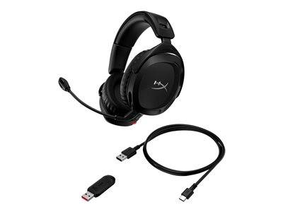 Schwarzes Gaming-Headset mit verstellbarem Mikrofon, USB-C-Ladekabel und drahtlosem USB-Dongle für die Verbindung.