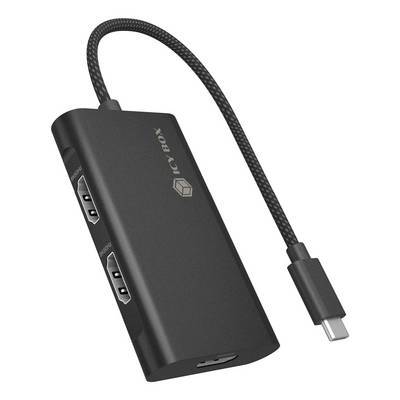 Ein schwarzer USB-C-Hub mit geflochtener Kabel und mehreren HDMI-Anschlüssen an der Seite, unter der Marke 'Icy Box' entwickelt, zum Anschluss von Geräten.