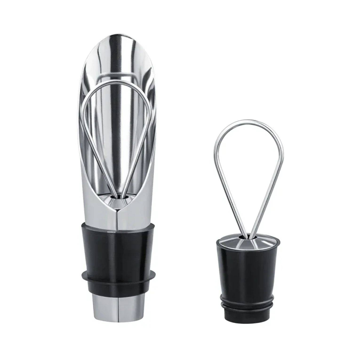 Ein Metall-Weinstopperset mit elegantem Design umfasst einen zweifunktionalen Ausguss und einen Stopfen, beide mit schwarzen Silikonbasen und -griffen.