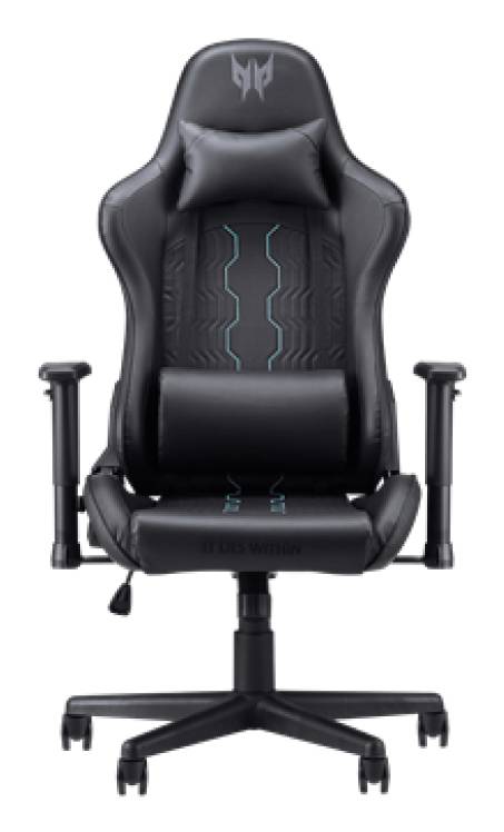 Schwarzer Gaming-Stuhl mit verstellbaren Armlehnen, Lendenwirbelstützkissen und blauer Akzentstickerei. Der Schriftzug 
