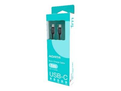 Paket eines ADATA USB-C Micro-Ladekabels, 1 m, gezeigt in türkisfarbenem Einzelhandelsverpackung mit dem Kabel, das durch ein Fenster sichtbar ist.