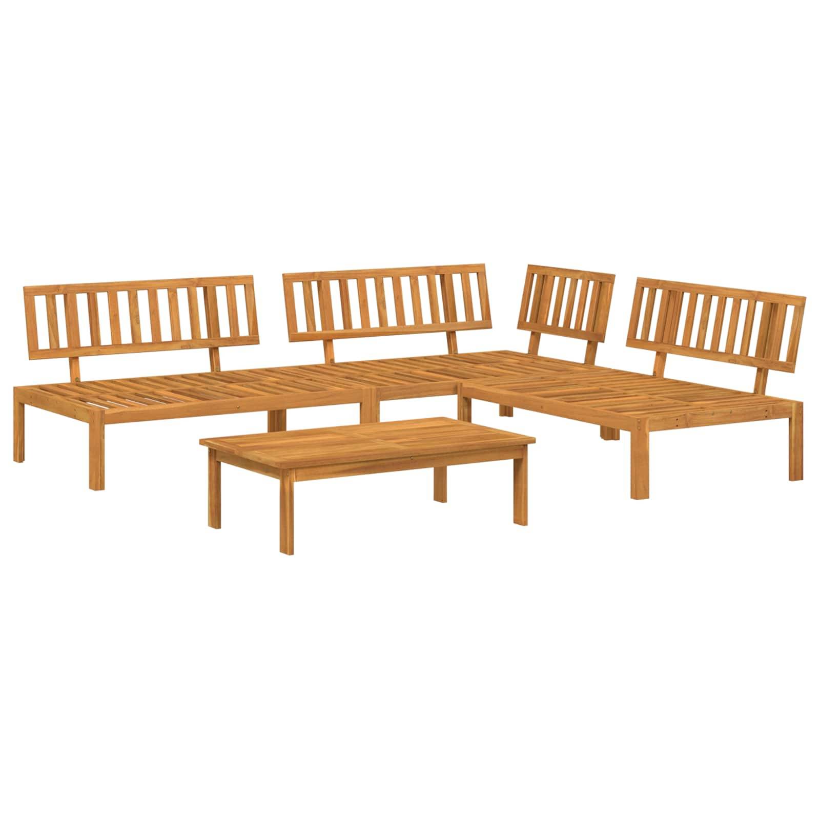 Eckiges Outdoor-Holz-Loungesofa-Set mit Couchtisch, mit geschwungener Rückenlehnenkonstruktion und heller Holzoberfläche. Geeignet für Terrassen oder Gärten.