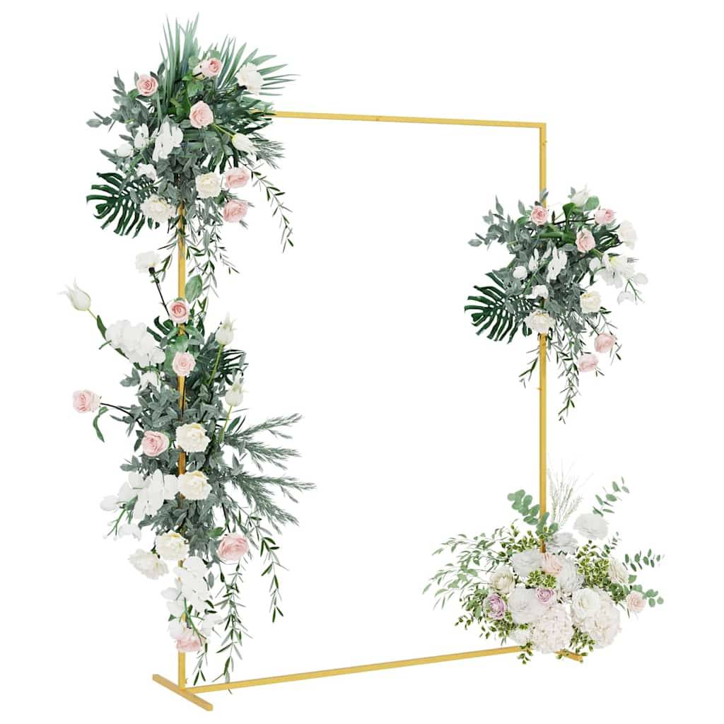 Ein rechteckiger Blumeneingang, geschmückt mit rosa und weißen Rosen und grünen Blättern auf einem goldenen Rahmen.