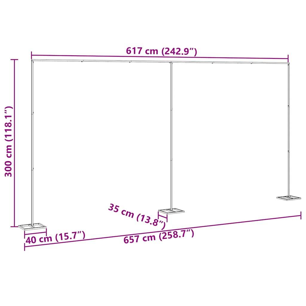 Diagramm, das einen Rahmen mit Abmessungen zeigt: 300 cm Höhe, 617 cm Breite, Basentiefe von 35 cm, Gesamtlänge 657 cm, mit strukturellen Maßangaben.