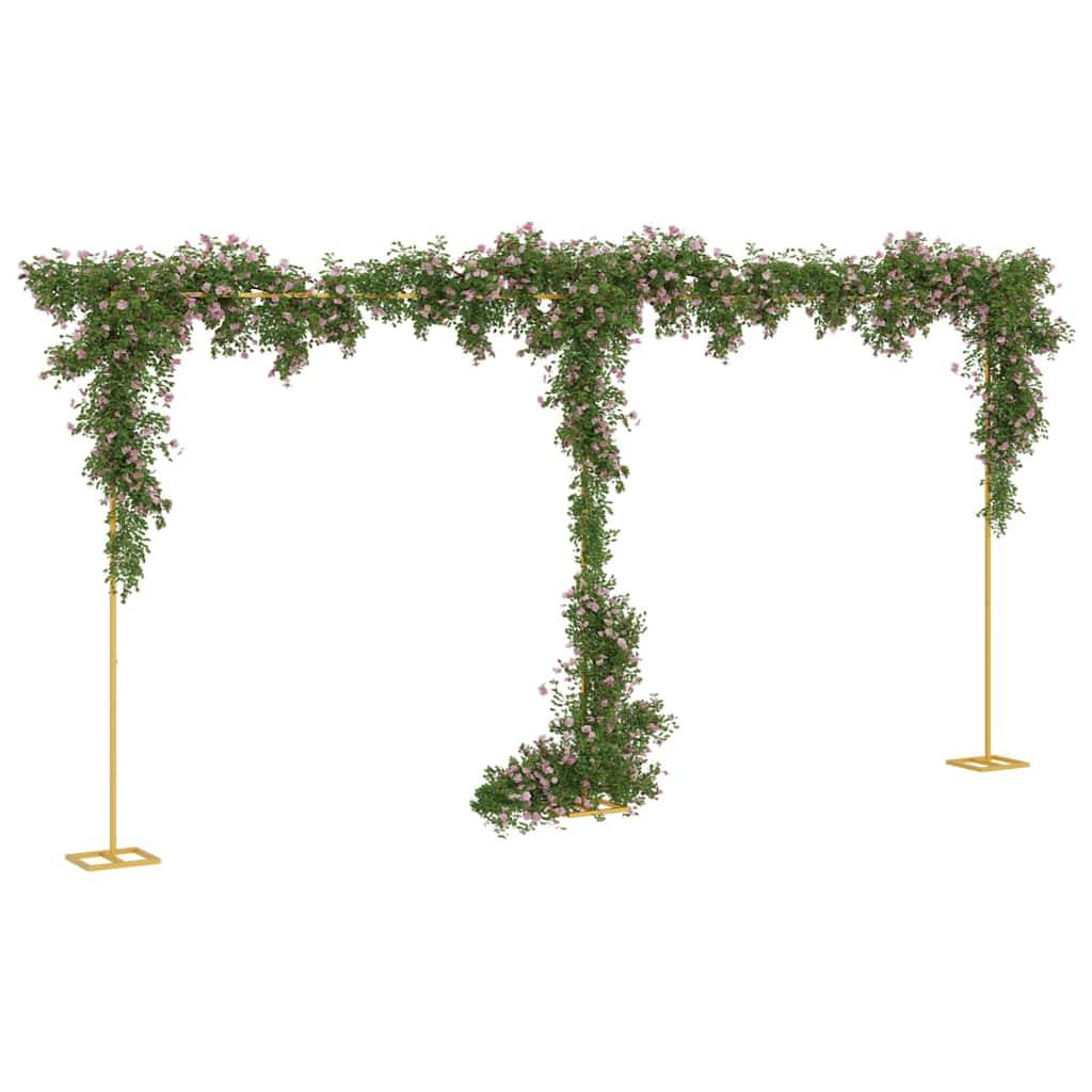 Florale Durchgangsarchitektur mit üppigem grünem Blattwerk und kleinen rosa Blüten auf einem goldenen Rahmen, der eine rechteckige Form mit verlängerter Basis bildet.