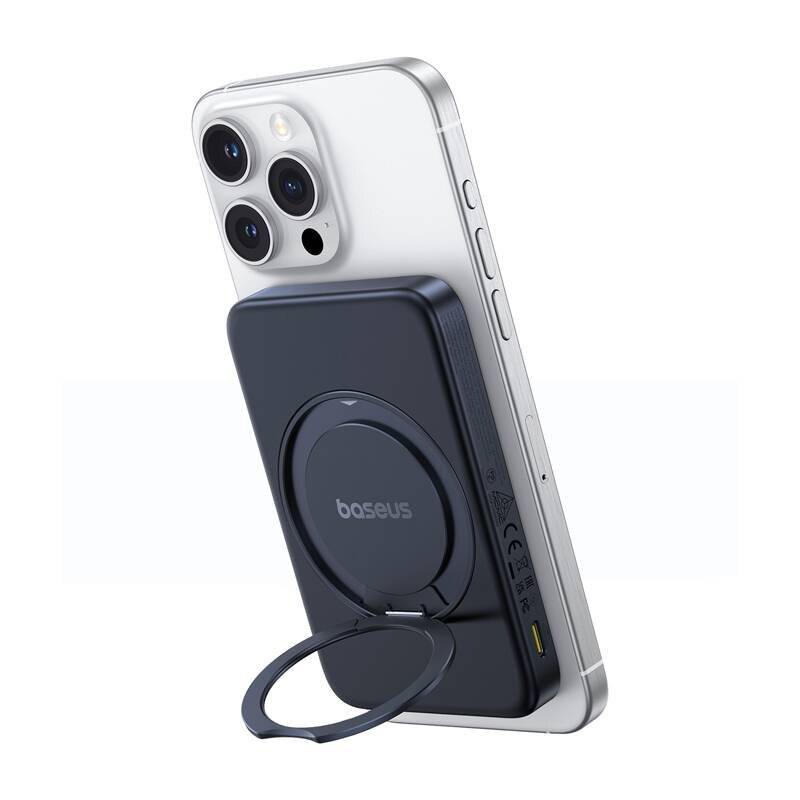 Ein Smartphone mit einem magnetischen Baseus-Ladegerät, das eine kreisförmige Metallring zur Unterstützung aufweist.