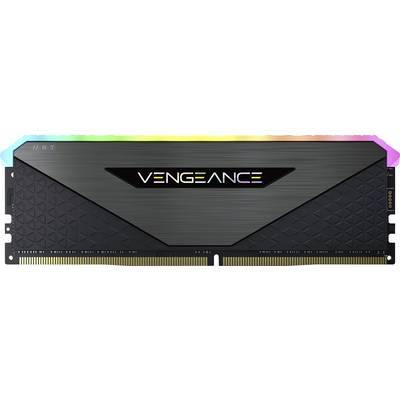 Ein schwarzer Corsair Vengeance RGB Arbeitsspeicherriegel mit einem farbigen Lichtstreifen auf der Oberseite.