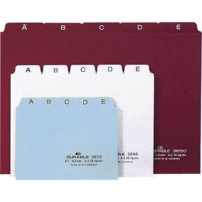 Robuste Aktenregister der Marke 'Durable' mit beschrifteten Registertabs von A bis E in den Farben Rot, Weiß und Blau.