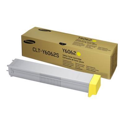 Eine gelbe Tonerkartusche und ihre Verpackungsseite nebeneinander, beschriftet mit 'CLT-Y6062S' und 'Y6062', typischerweise verwendet in Laserprintern.