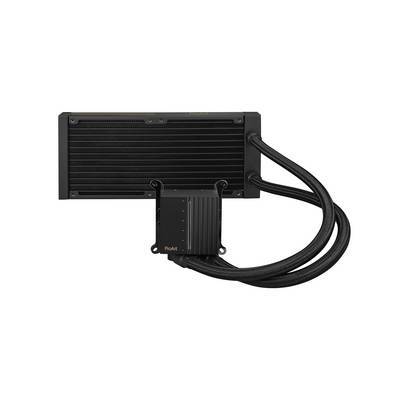 Ein schwarzer Computerradiator mit Schläuchen, die an eine Pumpe angeschlossen sind und in PC-Kühlsystemen verwendet werden.