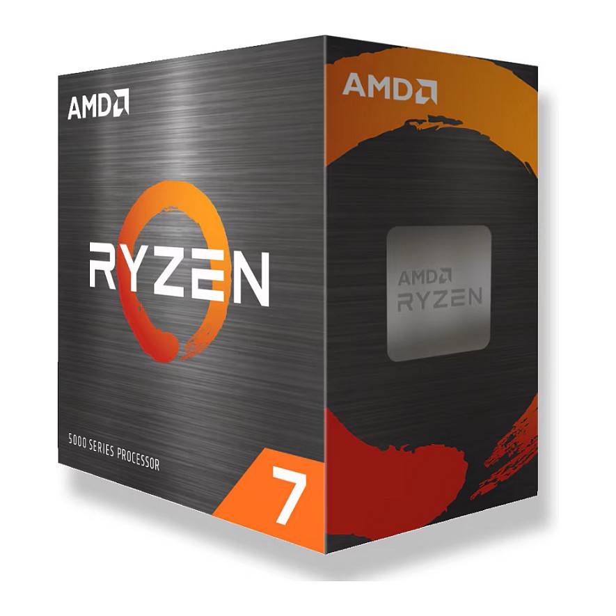 AMD Ryzen 7 5000 Series Processor' Produktbox mit Logo und orangem Wirbel-Design auf schwarzem strukturiertem Hintergrund.
