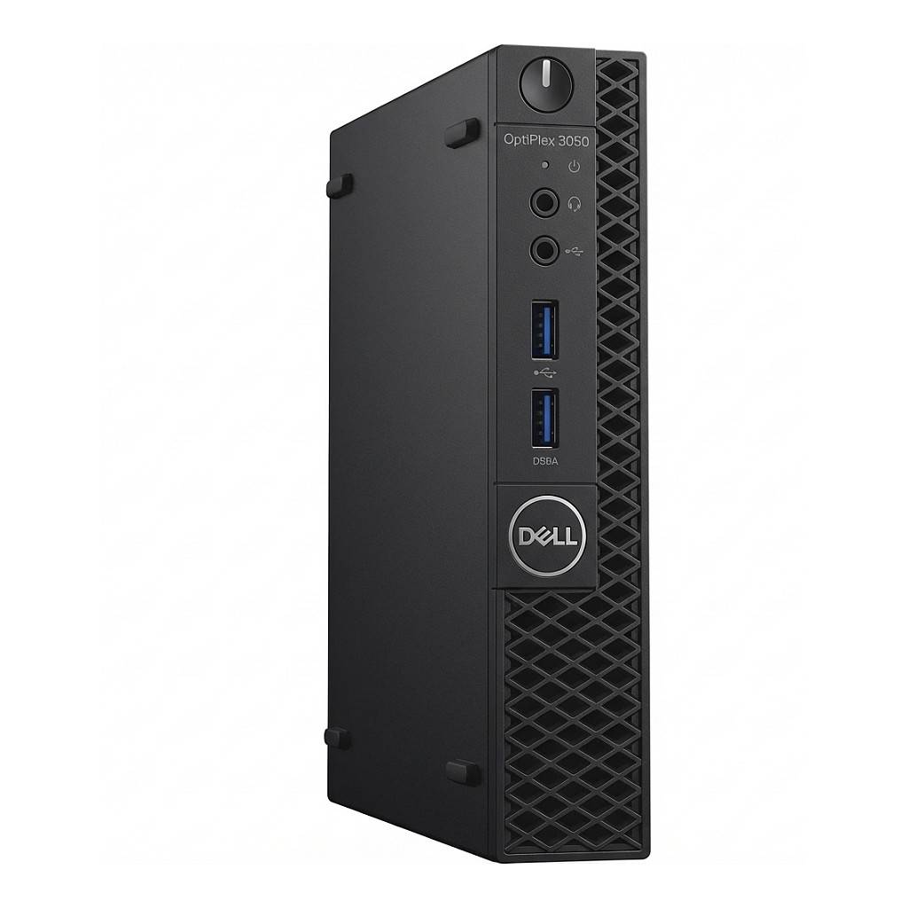 Dell OptiPlex 3050 Micro Desktop, vertikale Ausrichtung, schwarzes Gehäuse. Merkmale: zwei USB-Anschlüsse, Einschalttaste auf der Vorderseite.