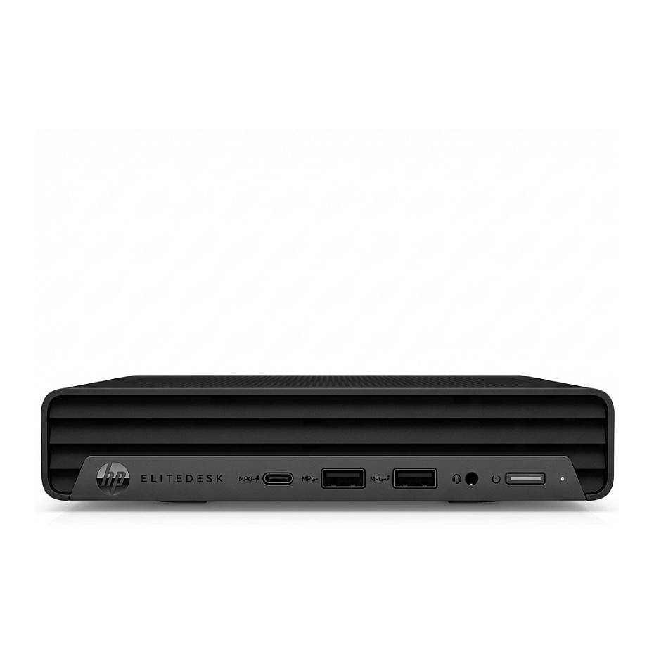 HP EliteDesk Mini-PC Frontansicht mit Einschaltknopf, zwei USB-Anschlüssen, Kopfhörerbuchse und Kartenslot. Alle Anschlüsse sind beschriftet.