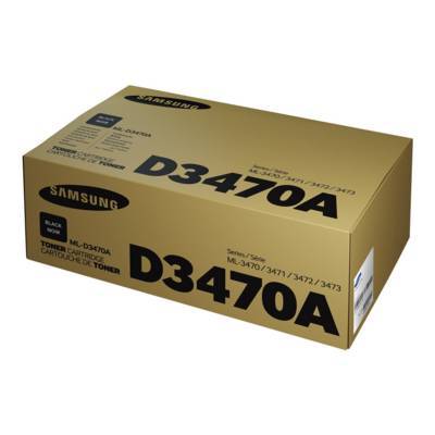 Eine beige Box mit der Aufschrift 'Samsung D3470A', die eine schwarze Tonerkartusche für Samsung-Druckermodelle ML-3470/3471/3472/3473 enthält.