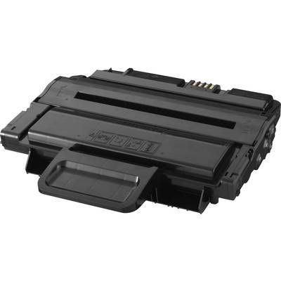 Eine schwarze Druckertoner-Kartusche mit rechteckiger Form, ausgestattet mit einem Griff zur einfachen Entnahme und Kontaktpins zur Verbindung.