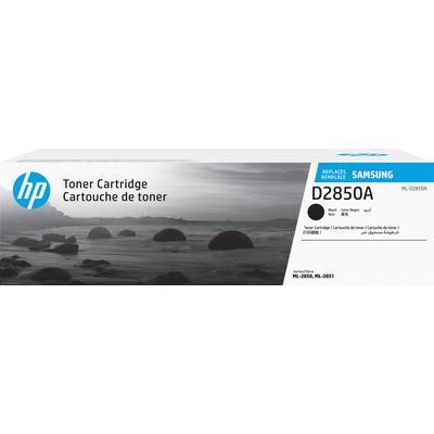 Tonerkartusche mit HP- und Samsung-Branding, Modellnummer D2850A. Schwarzer Toner für bestimmte Druckermodelle. Meereslandschaftsbild.