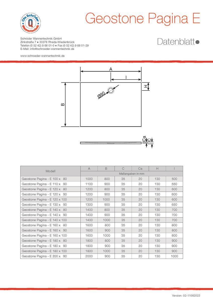 Geostone Seite E Datenblatt mit einer bemaßten technischen Zeichnung eines rechteckigen Panels mit einem Loch und einer Größentabelle mit Modellen und Messwerten.