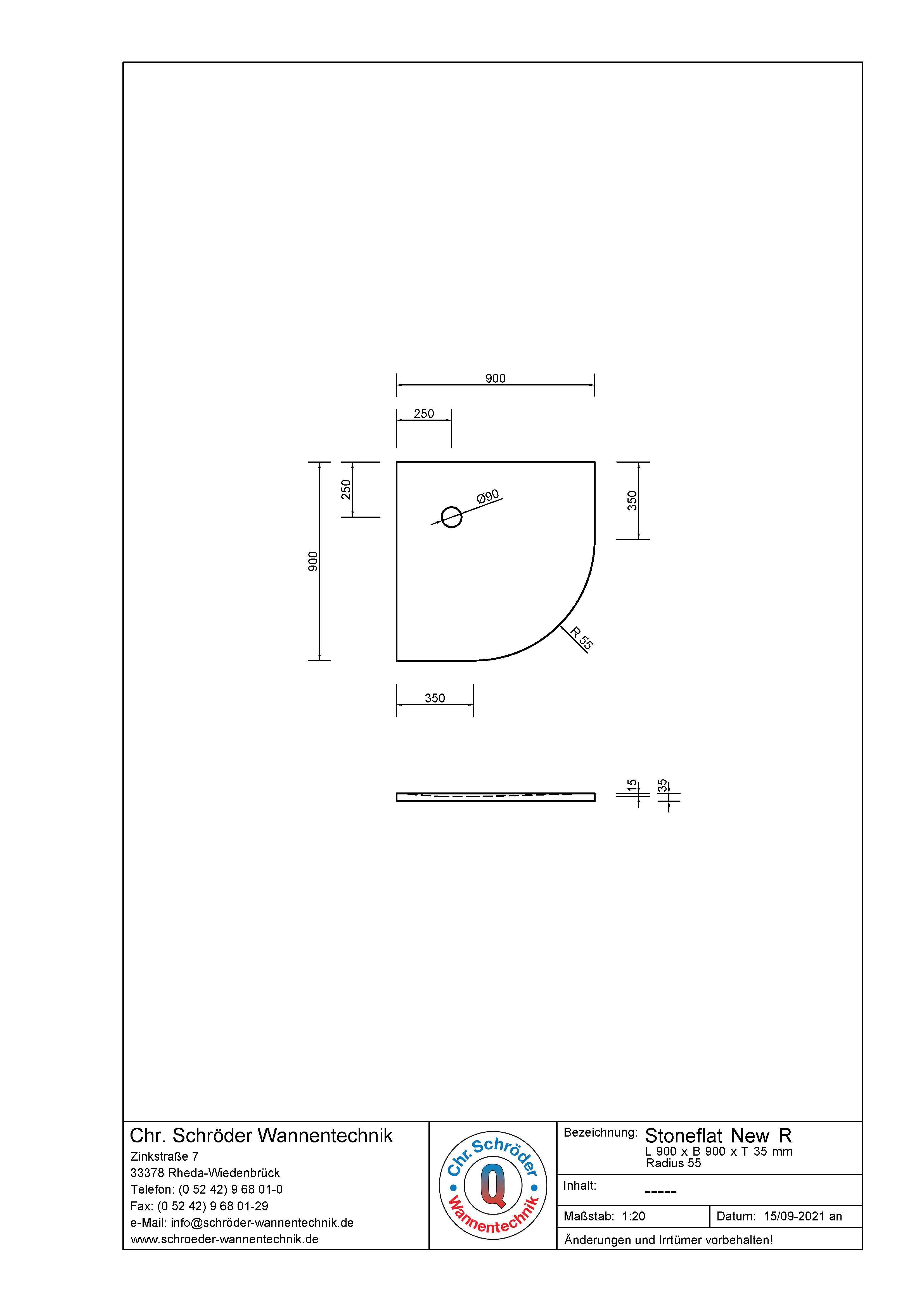 Technische Zeichnung eines halbkreisförmigen Objekts mit Maßen: Radius 300, Seitenbreite 900, Höhe 150. Mit Vermerk 'D80' und Loch bei 250.
