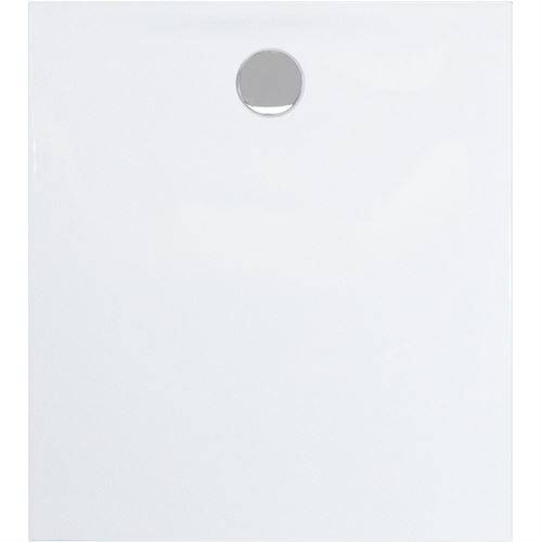 Eine minimalistische weiße Wand mit einem kleinen, zentrierten, kreisrunden Spiegel, der das Licht reflektiert.