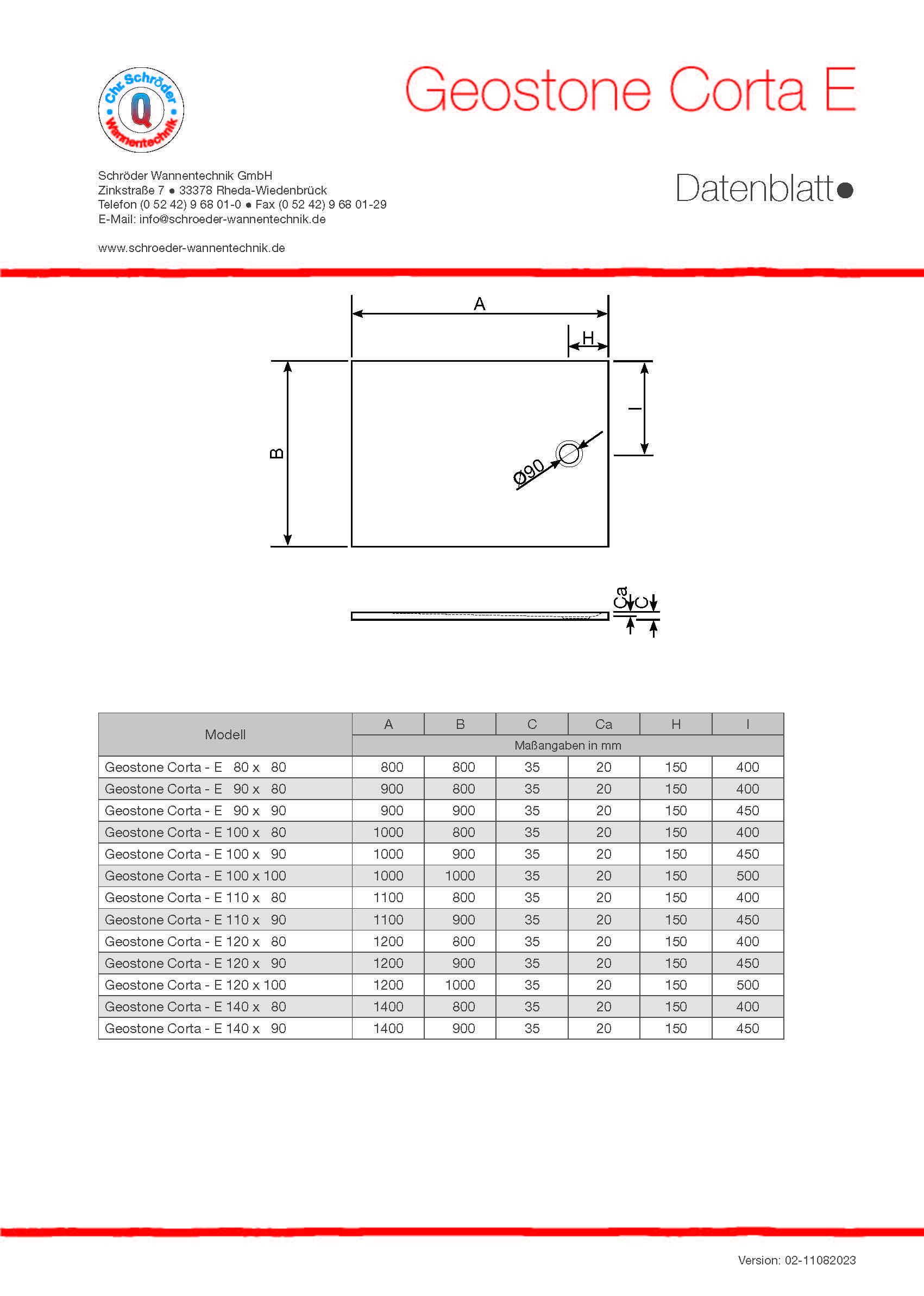 Ein technisches Diagramm, das eine rechteckige Platte mit beschrifteten Abmessungen 'A' und drei kreisförmigen Löchern zeigt. Darunter eine Tabelle mit Modellen, Abmessungen und Messungen mit den Kategorien A, B, C, H.