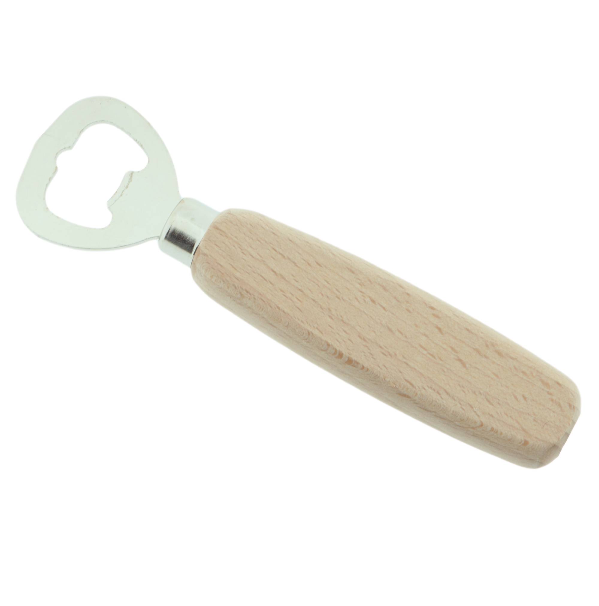 Ein Flaschenöffner mit einem Holzgriff und einem metallenen Öffnungskopf.