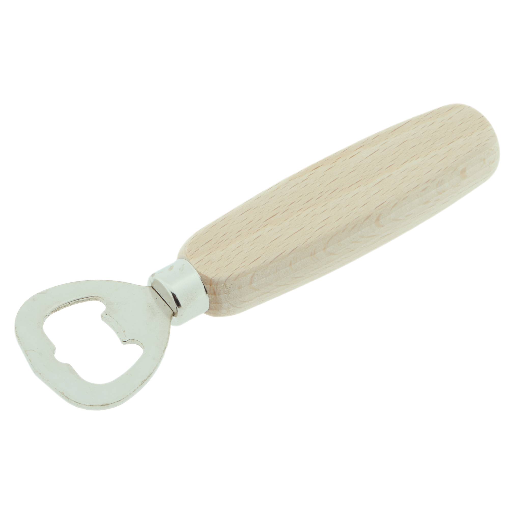 Eine Flaschenöffner aus Metall mit einem beigen Holzgriff, entwickelt zum einfachen Abnehmen von Kronkorken.