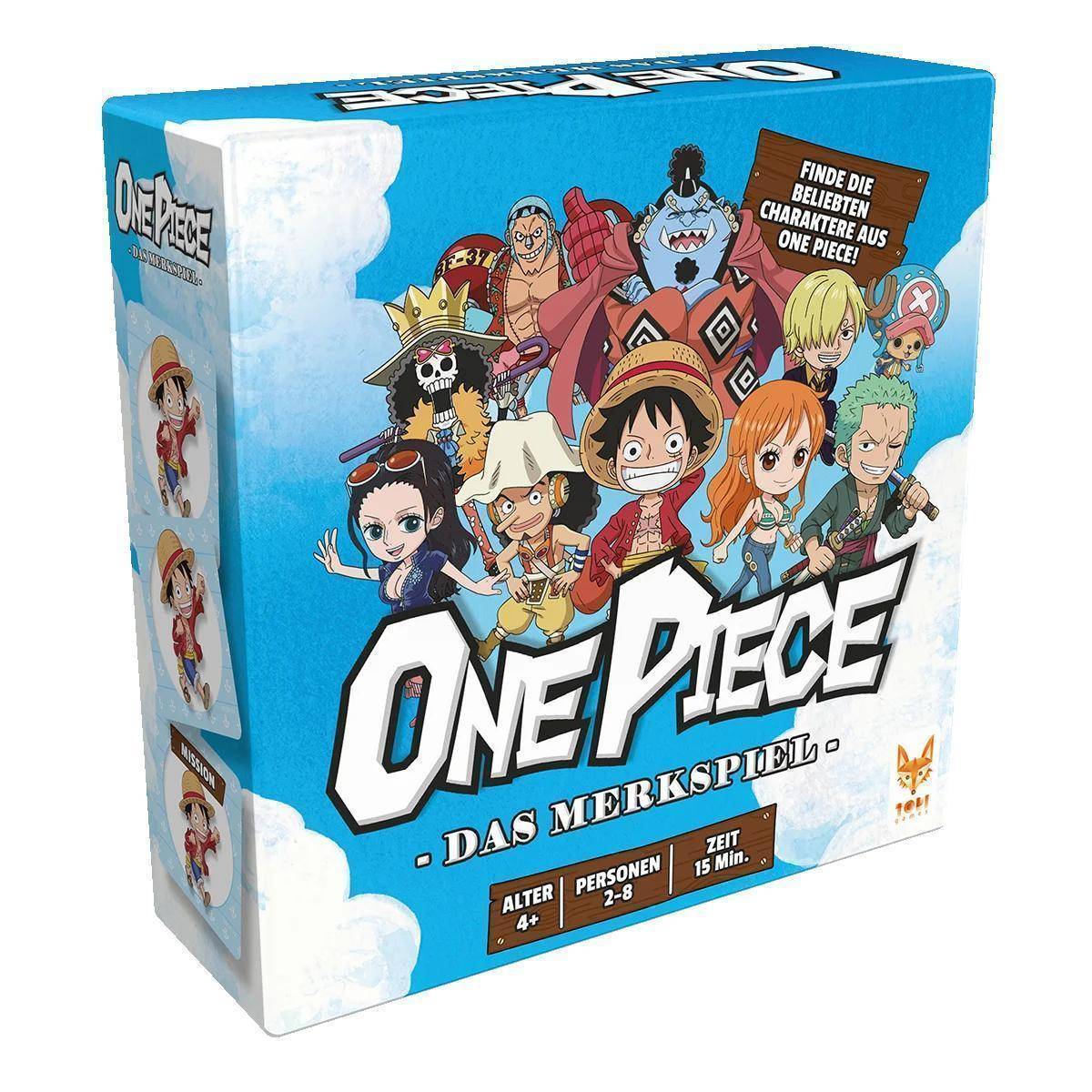 One Piece: Das Merkspiel' Brettspiel-Box mit verschiedenen animierten Charakteren aus der Serie. Geeignet für 2-8 Spieler, Alter 4+, Spielzeit 15 Min.